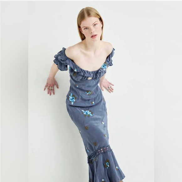 NWOT Free People Blue Embroidered Floral Maxi Dress - Picture 7 of 7